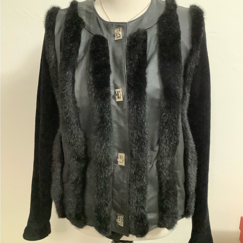 Vintage Lisa International Sweater Jacket Leather Faux Fur Black